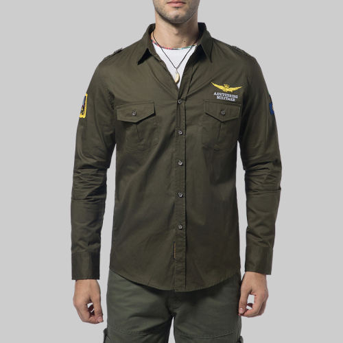 Army Green Long Sleeve Spring Casual Shirts Men's Fashion Tops PQ12001D
