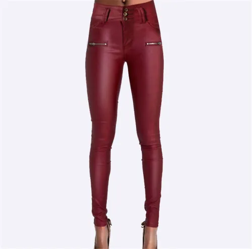 Bubble Butt Red PU Trousers High Waist Faux Leather Pencil Pants PQTOPTSL057