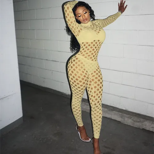 Yellow Sexy Fishnet Jumpsuit for Women Hollow Out Night Clubwear PQAJ4323C