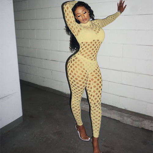 Yellow Sexy Fishnet Jumpsuit for Women Hollow Out Night Clubwear PQAJ4323C