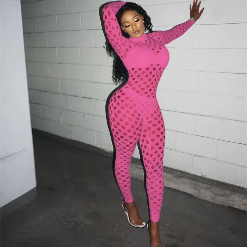 Pink Sexy Fishnet Jumpsuit for Women Hollow Out Night Clubwear PQAJ4323D