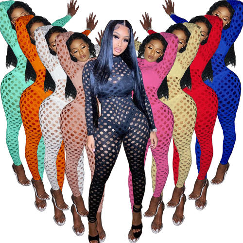 Brown Sexy Fishnet Jumpsuit for Women Hollow Out Night Clubwear PQAJ4323B