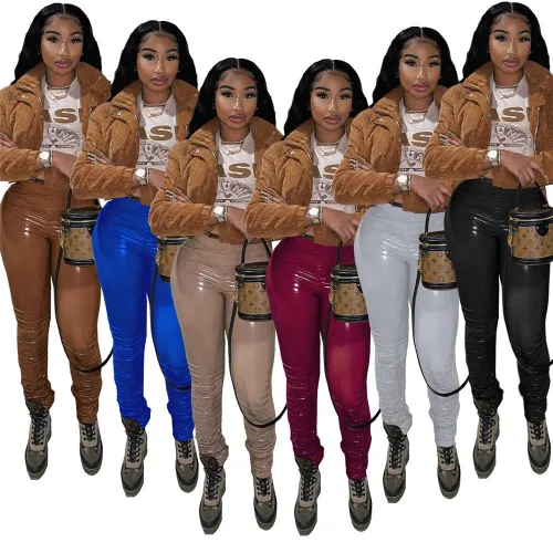 Brown Wetlook PU Pants Faux Leather Leggings for Women PQXM6120E