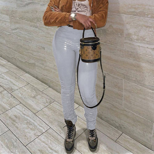 White Wetlook PU Pants Faux Leather Leggings for Women PQXM6120D