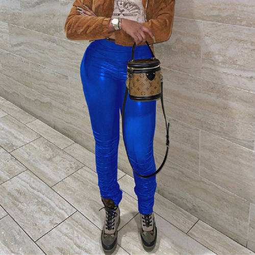 Blue Wetlook PU Pants Faux Leather Leggings for Women PQXM6120F