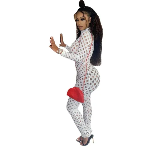White Sexy Fishnet Jumpsuit for Women Hollow Out Night Clubwear PQAJ4323J