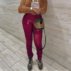 Brown Wetlook PU Pants Faux Leather Leggings for Women PQXM6120E