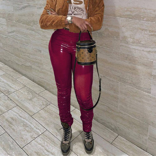 Purple Wetlook PU Pants Faux Leather Leggings for Women PQXM6120C
