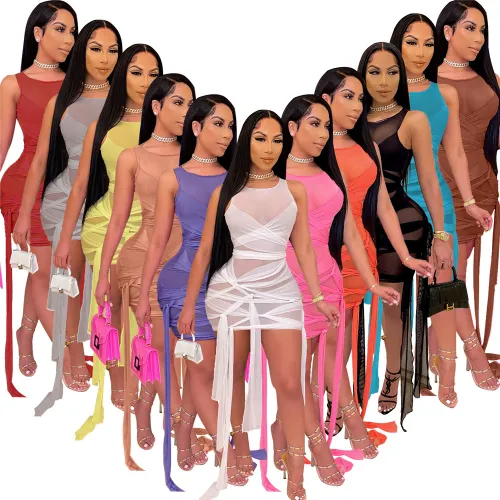 White Mesh Mini Dress For Women Sexy TIe Night Club Wear PQXM6121B