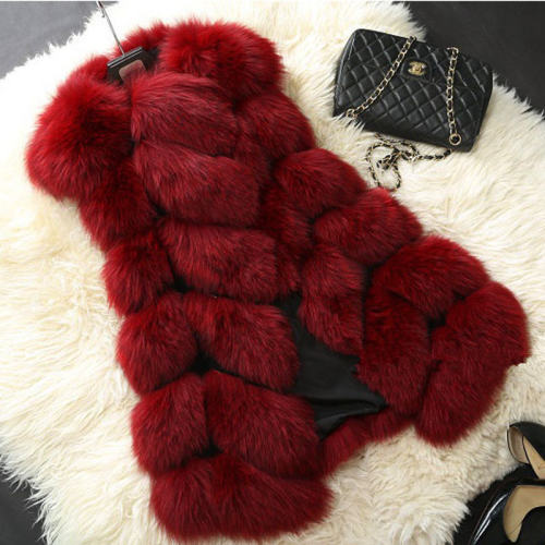 Wine Red Faux Fur Jacket Fox Fur Vest Women Mid-length Winter Coat PQ1422G