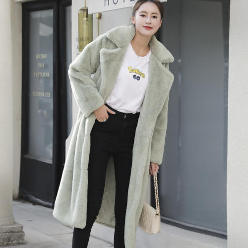 Light Green Faux Bunny Fur Coat Women Fashion Rabbit Fur Long Jackets PQ988J