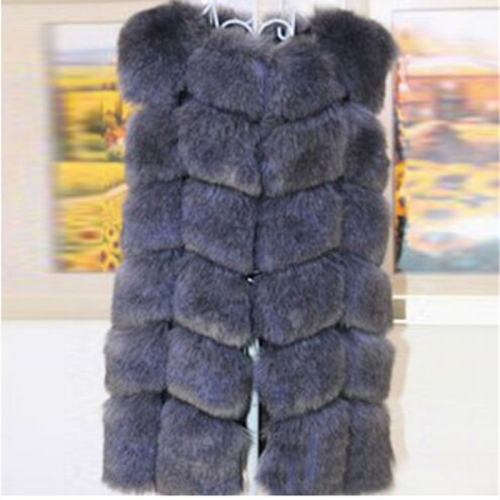 Dark Grey Mid-length Winter Coat Women Faux Fur Jacket Fox Fur Vest PQ1422K