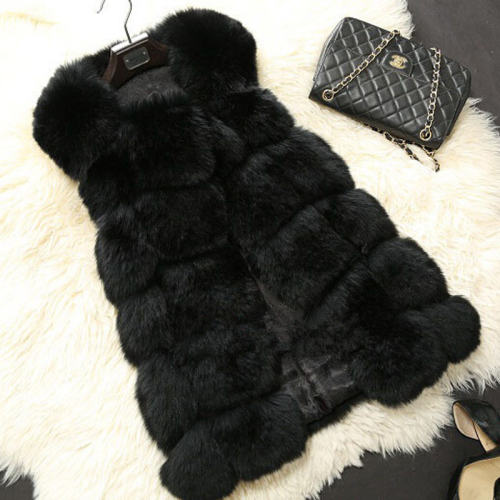 Black Faux Fur Jacket Fox Fur Vest Women Mid-length Winter Coat PQ1422D