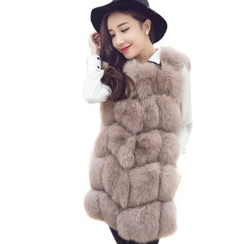 Dark Brown Mid-length Winter Coat Women Faux Fur Jacket Fox Fur Vest PQ1422L