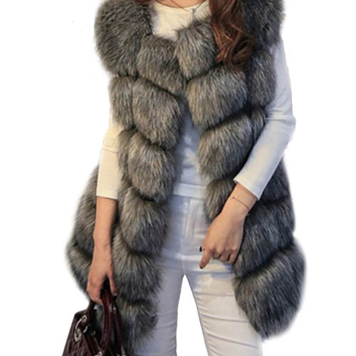 Silver Faux Fur Jacket Fox Fur Vest Women Mid-length Winter Coat PQ1422E