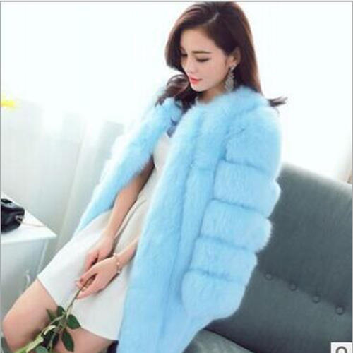 Light Blue Mid-length Russian Faux Fur Jackets Faux Fox Fur Coat Female PQ6610M