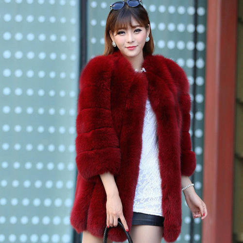 Wine Red Faux Fox Fur Coat Female Mid-length Russian Faux Fur Jackets PQ6610F