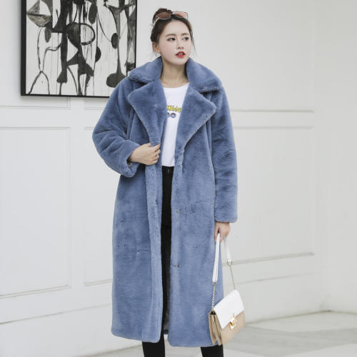 Blue Faux Bunny Fur Coat Women Fashion Rabbit Fur Long Jackets PQ988K