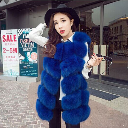 Blue Winter Coat Women Mid Length Faux Fur Jacket Fox Fur Vest PQ1422Q