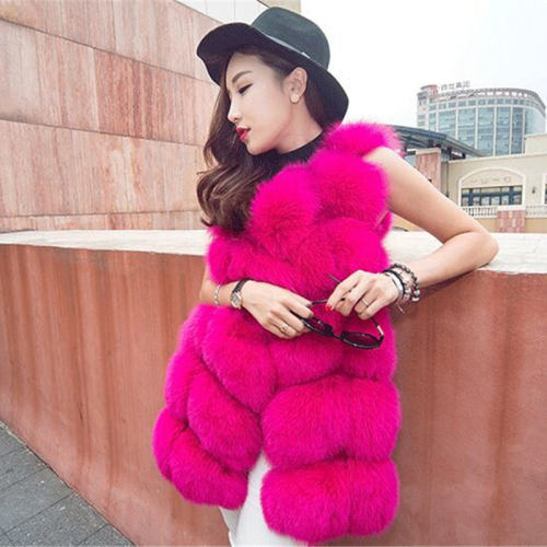 Light Brown Winter Coat Women Mid Length Faux Fur Jacket Fox Fur Vest PQ1422M