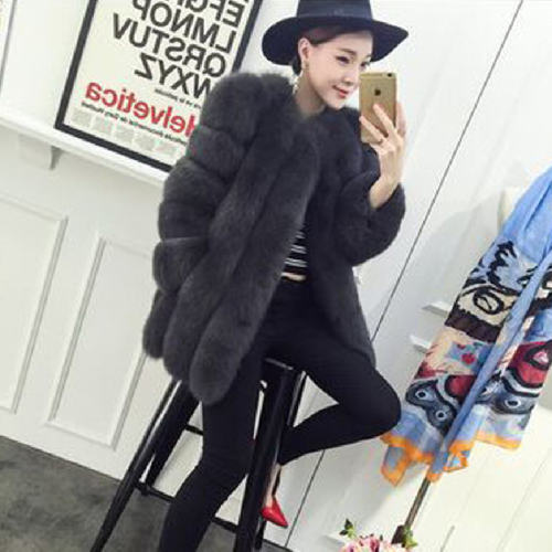 Dark Grey Faux Fox Fur Coat Female Mid-length Russian Faux Fur Jackets PQ6610G