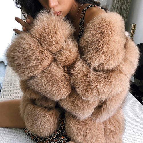 Khaki Winter Fox Faux Fur Coat for Women Chic Fur Long Jackets PQFC014B