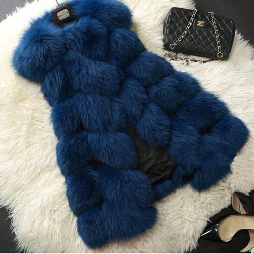 Dark Blue Faux Fur Jacket Fox Fur Vest Women Mid-length Winter Coat PQ1422F