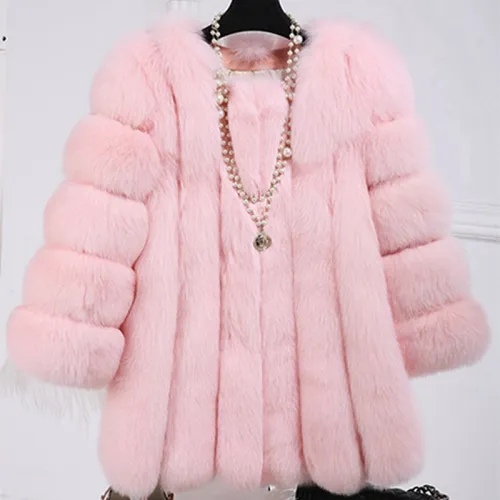 Pink Faux Fox Fur Coat Female Mid-length Russian Faux Fur Jackets PQ6610D