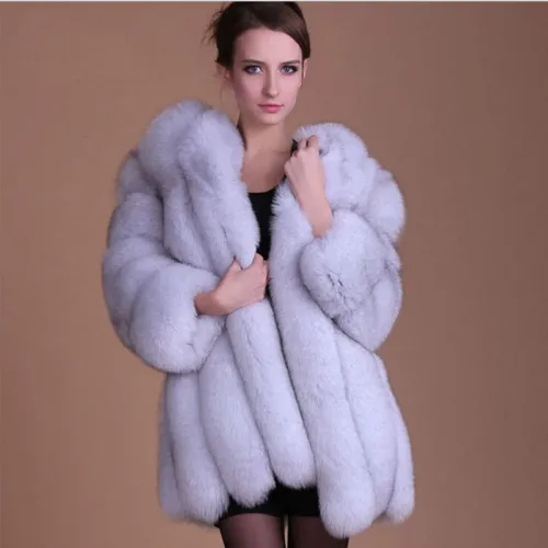 Light Grey Fashion Russian Faux Fur Jackets Faux Fox Fur Coat Female PQ6610N