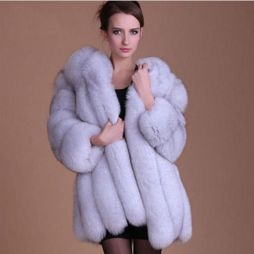 Light Grey Fashion Russian Faux Fur Jackets Faux Fox Fur Coat Female PQ6610N
