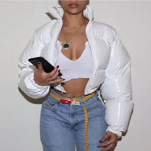 White Fashion Faux Leather Winter Coat For Women Short Cotton Jackets PQ20D8E