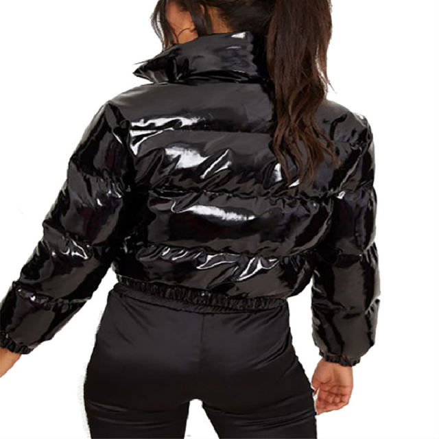 Black Fashion Faux Leather Winter Coat For Women Short Cotton Jackets PQ20D8A