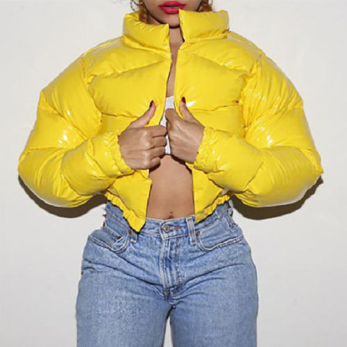 Yellow Fashion Faux Leather Winter Coat For Women Short Cotton Jackets PQ20D8D