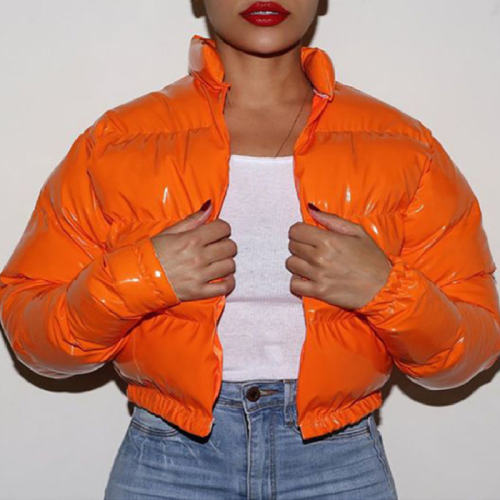 Orange Fashion Faux Leather Winter Coat For Women Short Cotton Jackets PQ20D8C