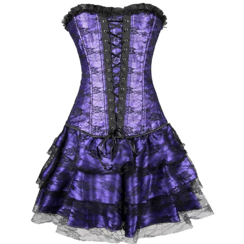 Black Luxury Court Corset Dress Underbust Corselet Palace Gorset with Skirt PQ584B