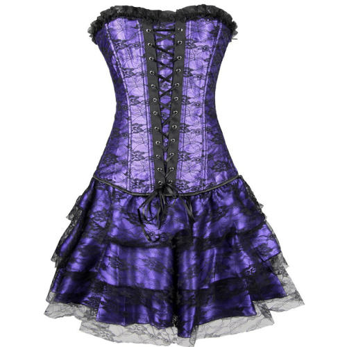 Black Luxury Court Corset Dress Underbust Corselet Palace Gorset with Skirt PQ584B