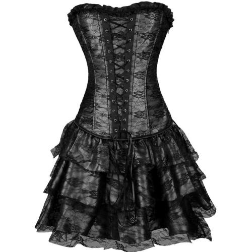 Black Luxury Court Corset Dress Underbust Corselet Palace Gorset with Skirt PQ584B