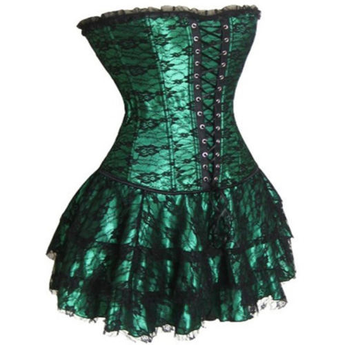 Green Luxury Court Corset Dress Underbust Corselet Palace Gorset with Skirt PQ584D