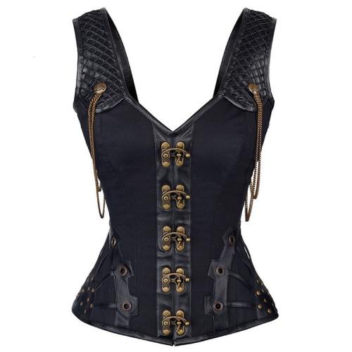 Black Faux Leather Steampunk Corset Sexy PU Gothic Corselet For Women PQ679A
