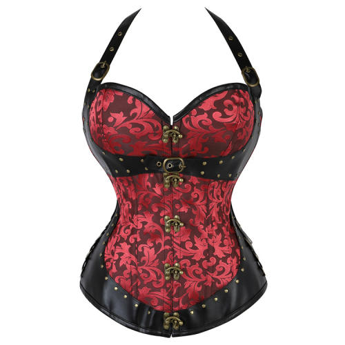 Red Faux Leather Gothic Corselet Sexy PU Steampunk Corset For Women PQ681B