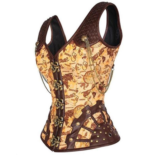 Brown Faux Leather Steampunk Corset Sexy PU Gothic Corselet For Women PQ679B