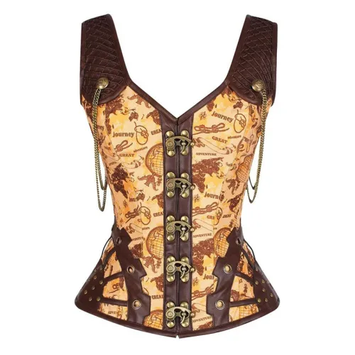 Brown Faux Leather Steampunk Corset Sexy PU Gothic Corselet For Women PQ679B