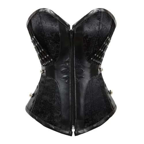 Black PU Steampunk Zipper Corset Faux Leather Gothic Corselet Sexy PQ683A