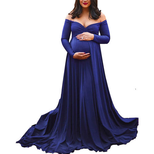 Blue Sexy Maternity Dresses Pregnant Women Long Sleeve Baby Shower Dress Pregnancy Photography Props PQ1860D
