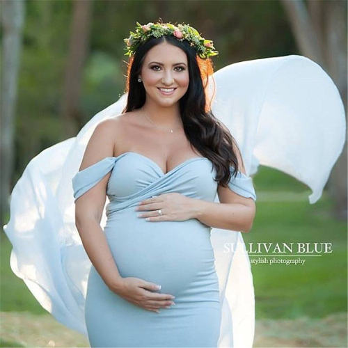 Sullivan Blue Long Maternity Dress Elegant Pregnant Gown Off Shoulder Mesh Maxi Dresses Party Clothing PQ1869M