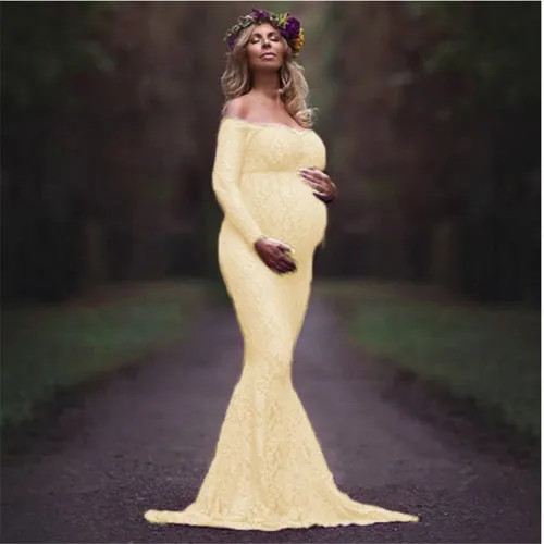 Floral Maternity Gown Maxi Photography Dress Women's Long Sleeve Lace Dresses PQ8927D