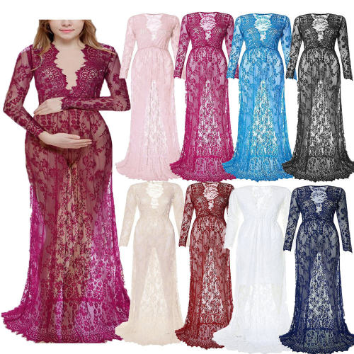 Purple Sexy Deep V Neck Maternity Gown Women Pregnant Dress Lace See-through Elegant Long Dresses PQ9848A