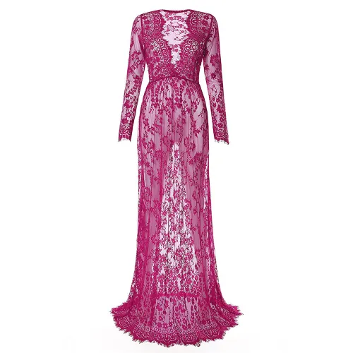 Purple Sexy Deep V Neck Maternity Gown Women Pregnant Dress Lace See-through Elegant Long Dresses PQ9848A