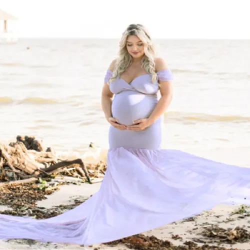 Violet Long Maternity Dress Elegant Pregnant Gown Off Shoulder Mesh Maxi Dresses Party Clothing PQ1869F