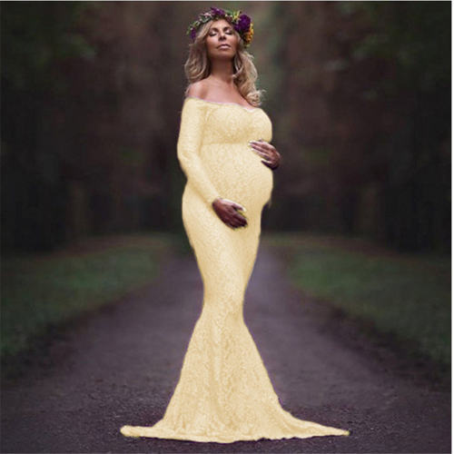 Floral Maxi Photography Dress Women's Long Sleeve Lace Dresses Maternity Gown PQ8927E